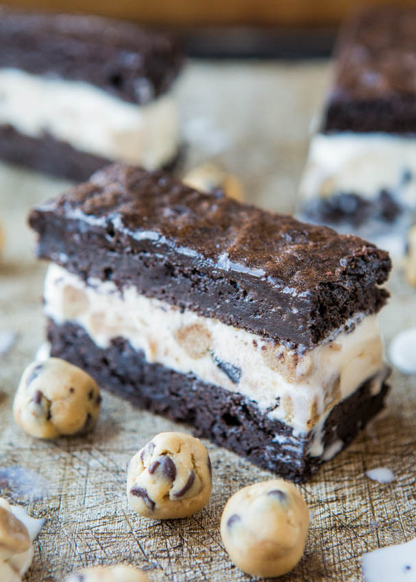 Fudgy Brownie Cookie Dough Ice Cream Sandwiches - Easy Recipe at averiecooks.com