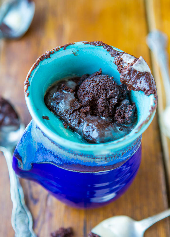 Fudgy Chocolate Brownie Microwave Mugcake with Vanilla Glaze - Easy 5-Minute Recipe at averiecooks.com