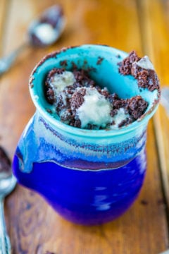 Fudgy Chocolate Brownie Microwave Mugcake with Vanilla Glaze