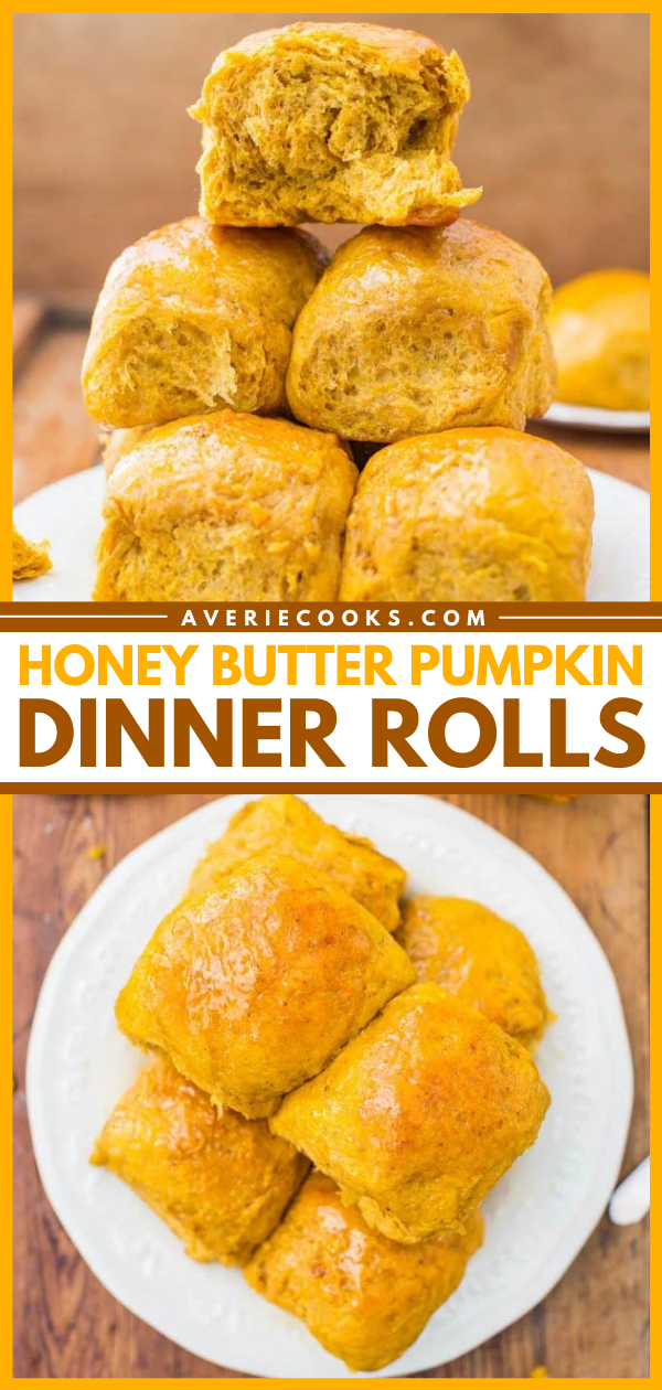 Honey Butter Pumpkin Dinner Rolls — Big, soft pumpkin bread rolls brushed with honey butter are the best! Everyone loves them and they disappear so fast!