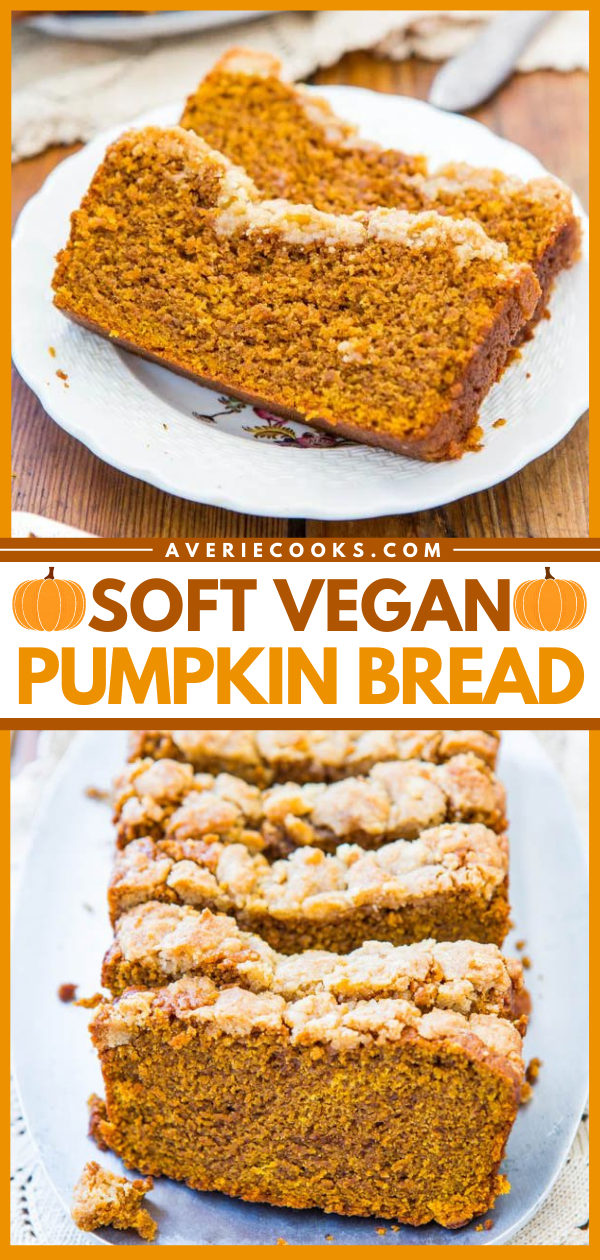 Soft Vegan Pumpkin Bread with Brown Sugar Streusel Crust — If you want to make a believer out of anyone who doubts that vegan baked goods can taste amazing, this recipe will change their mind!