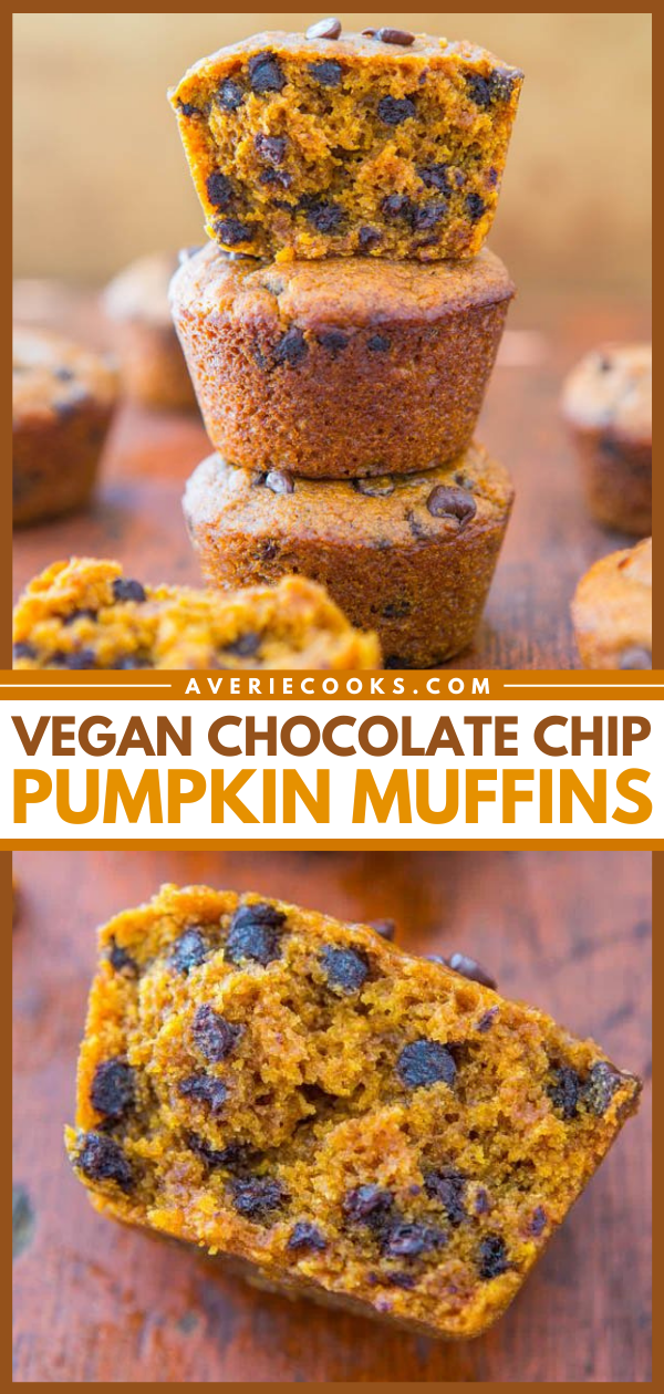Chocolate Chip Vegan Pumpkin Muffins — These vegan pumpkin muffins are studded with mini semi-sweet chocolate chips. Plus, they're packed with five different warming spices, which makes then extra flavorful! 