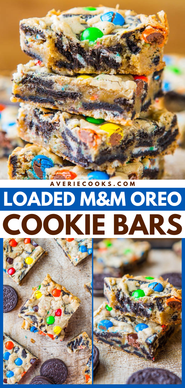 Loaded M&M's Oreo Bars — Stuffed to the max with M&M's and Oreos! These Oreo cookie bars are an easy, no-mixer recipe that's ready in 30 minutes. Always a hit at parties!