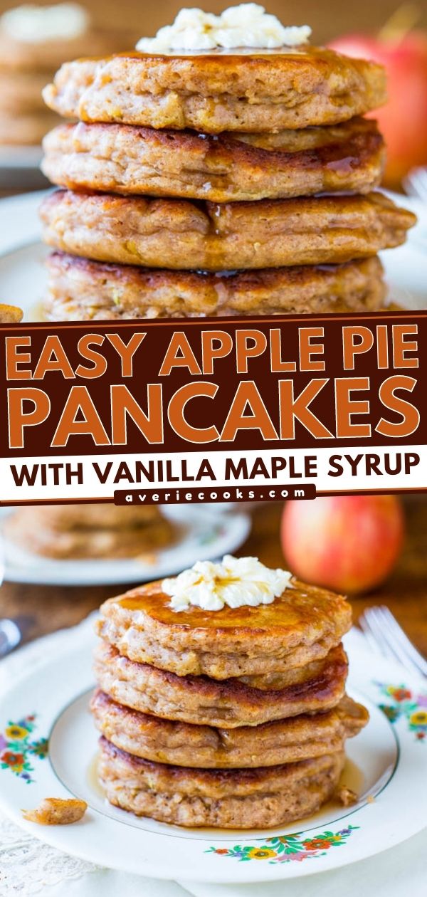 Apple Pancakes with Vanilla Maple Syrup — These apple pancakes are packed with cinnamon and other fall spices. Slather with butter and dunk them in some homemade vanilla maple syrup! 