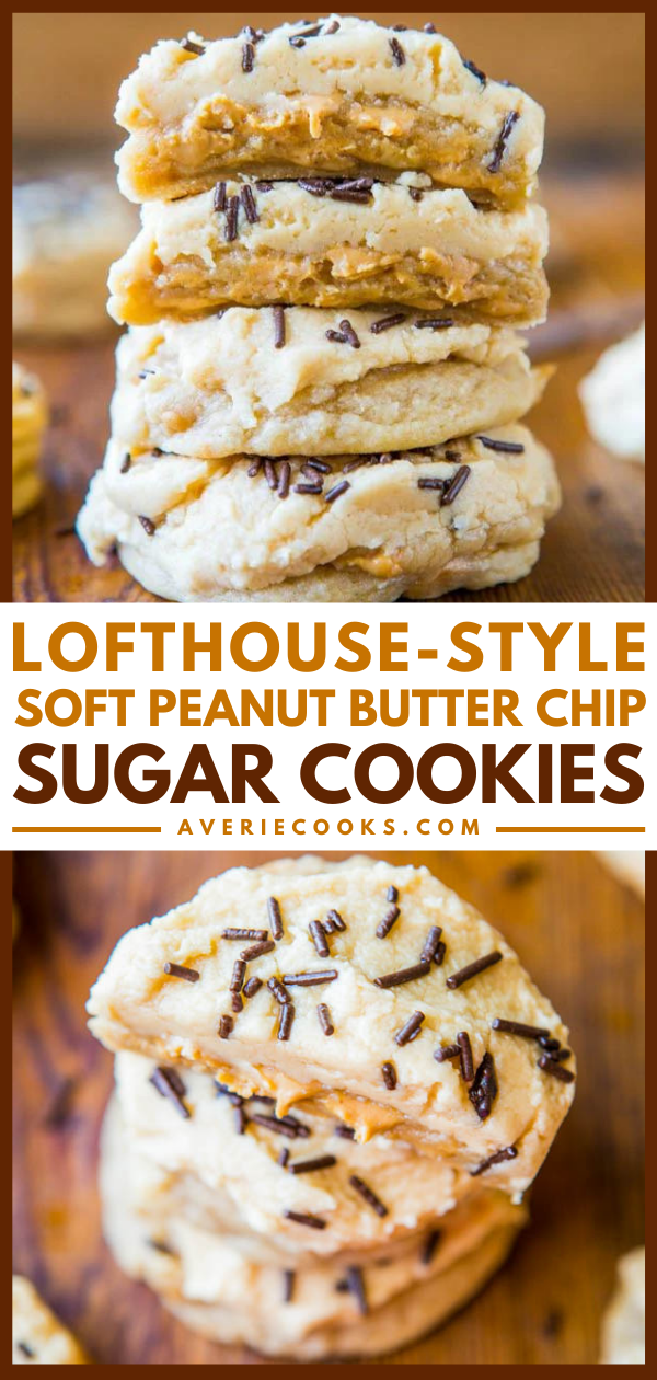 Frosted Lofthouse-Style Peanut Butter Chip Cookies — Similar to Lofthouse Soft-Frosted Sugar Cookies, but these are for peanut butter fans! I added peanut butter and frosted them with peanut butter buttercream.