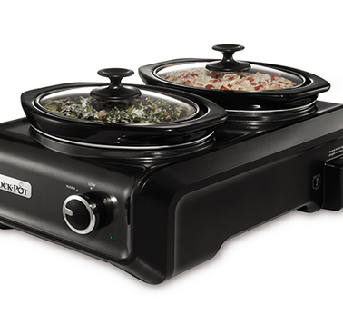 A double slow cooker with two pots and adjustable temperature settings.