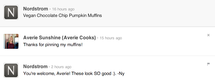 Pinterest dialogue between Nordstrom and Averie