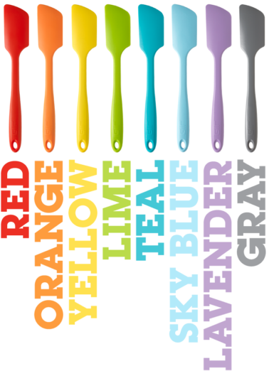 A range of colorful silicone spatulas arranged in a gradient from pink to white with corresponding color names overlaid.