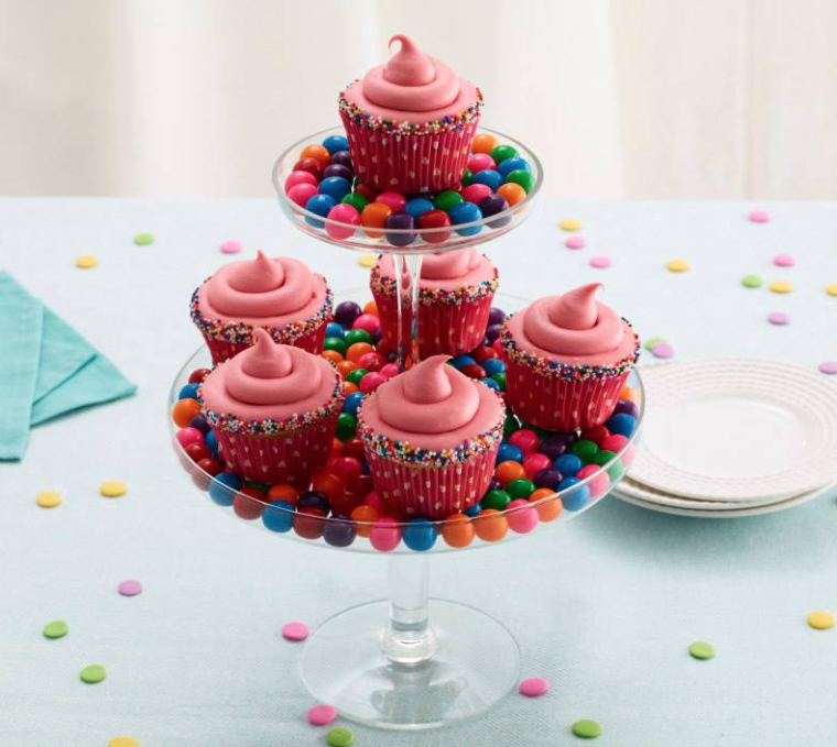 Pink cupcakes on a tiered stand