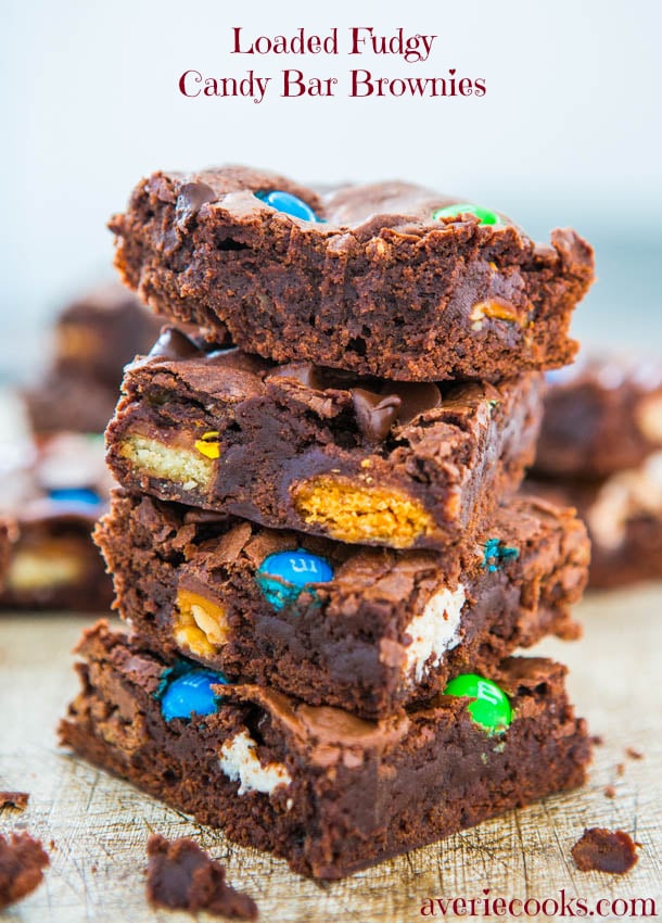 Loaded Fudgy Candy Bar Brownies - Fast, Easy, No-Mixer Recipe at averiecooks.com