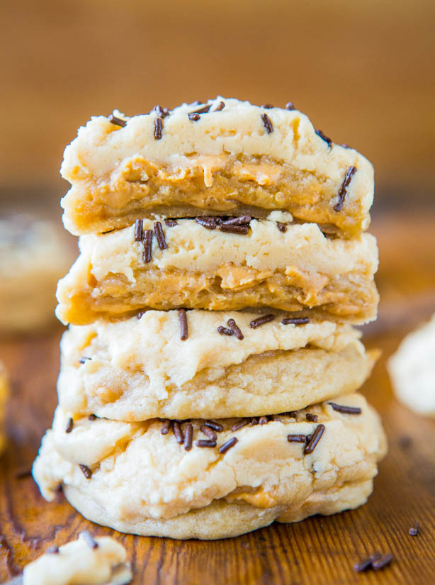 stack of four lofthouse-style frosted peanut butter chip cookies