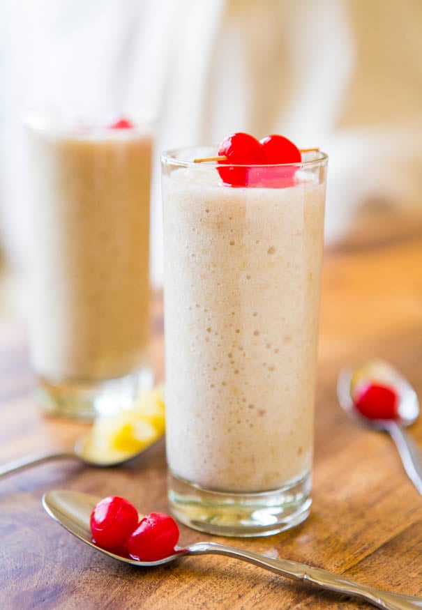 Piña Colada Smoothie — This creamy smoothies contains just four ingredients and is naturally vegan and gluten-free! I've also included instructions on how to turn it into a blended piña colada cocktail! 
