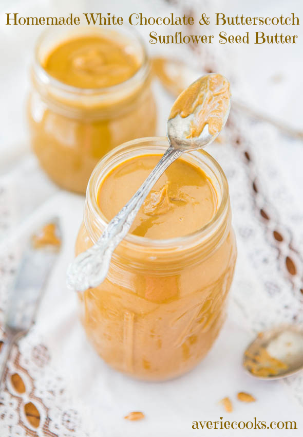Homemade White Chocolate and Butterscotch Sunflower Seed Butter - Saves money and tastes incredible! Easy recipe at averiecooks.com