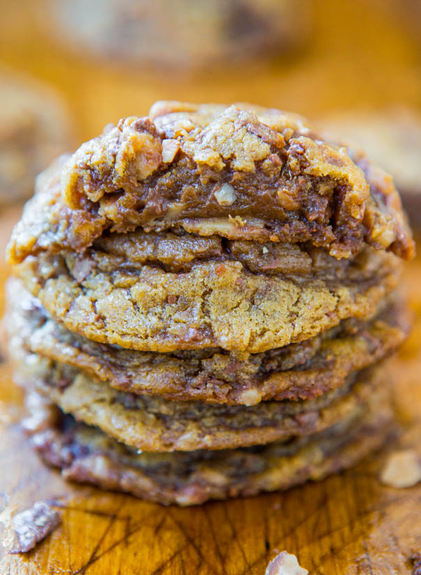 Peanut Butter Toffee Bit Cookies — You need just 6 simple ingredients to make these toffee cookies! The peanut butter cookie dough is accidentally gluten-free and packed with toffee bits! 