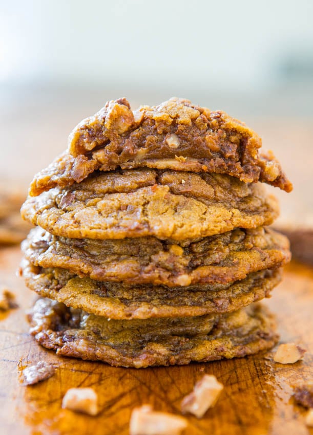 Peanut Butter Toffee Bit Cookies — You need just 6 simple ingredients to make these toffee cookies! The peanut butter cookie dough is accidentally gluten-free and packed with toffee bits! 