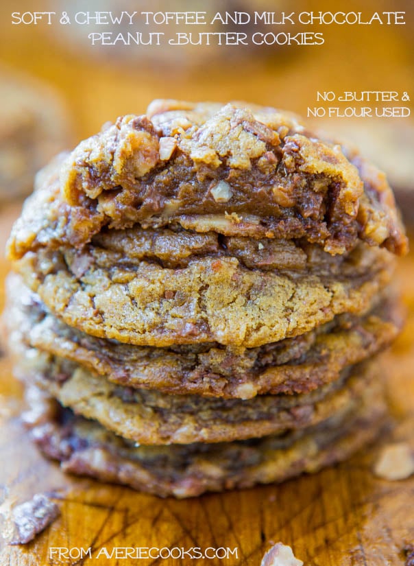 Soft and Chewy Toffee and Milk Chocolate Peanut Butter Cookies (gluten-free) - No Butter & No Flour Used! Easy Recipe at averiecooks.com