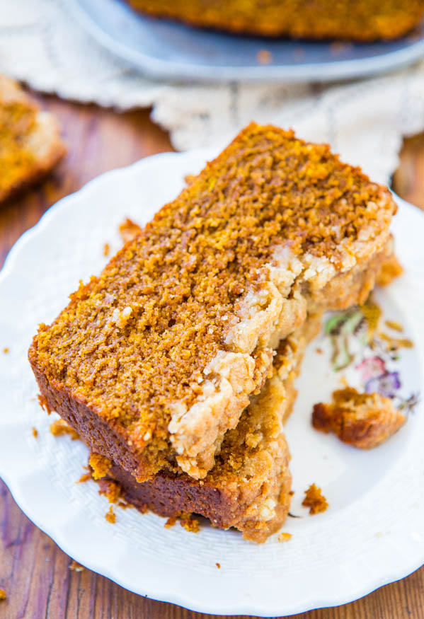 two slices of soft pumpkin bread on a white plate 