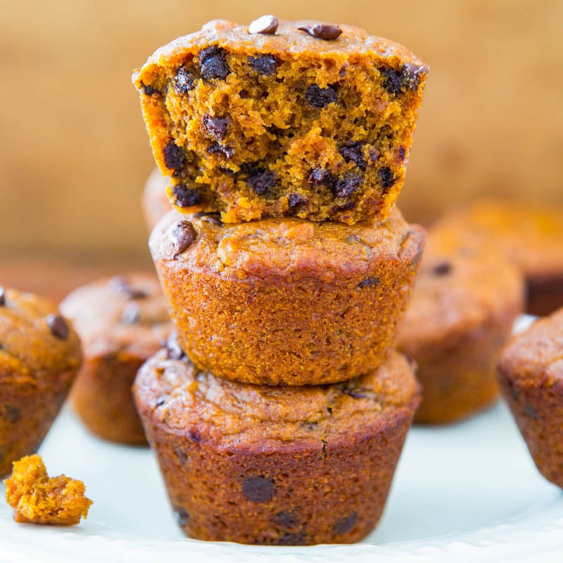A stack of chocolate chip pumpkin muffins on a plate.