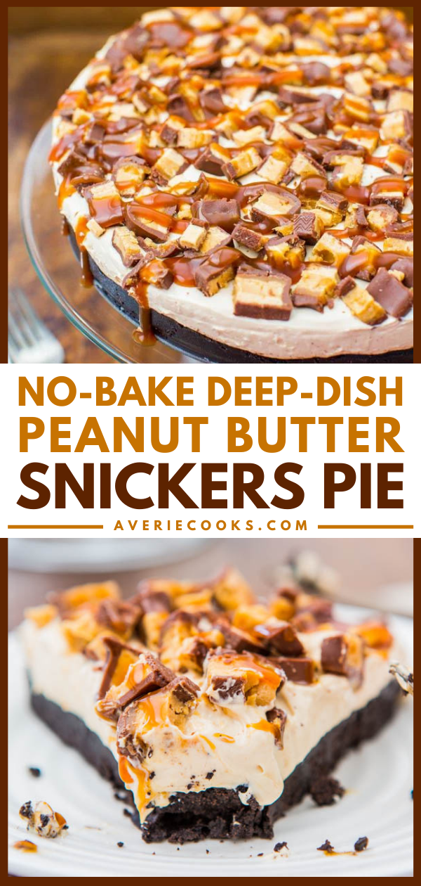No-Bake Snickers Pie with Salted Caramel — This rich, decadent Snickers pie has so many textures and flavors going on, there’s bound to be something for everyone! The pie is no-bake, fast and easy to assemble, but does need to freeze for a couple hours so it can set up.