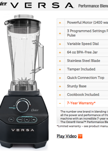 Black oster versa performance blender with features listed and a 7-year warranty highlighted.