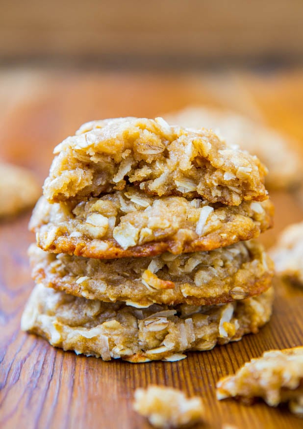 Chewy Anzac Biscuits (Oatmeal Coconut Cookies) — The flavors of coconut, honey, and maple syrup, along with the butter and brown sugar that caramelize while baking, give the cookies layers of flavors and an abundance of textures that just won’t quit!