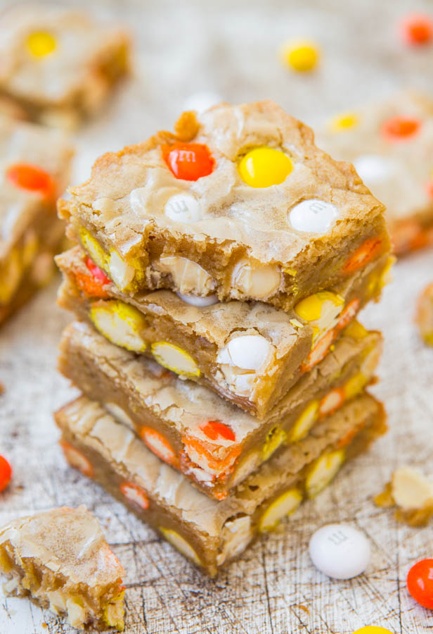 Candy Corn White Chocolate M&M Blondies - Super soft buttery bars with Halloween candy baked in! Do it....It's only once a year!