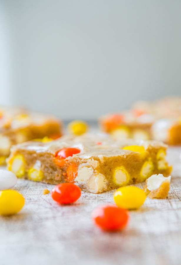 Candy Corn White Chocolate M&M Blondies - Super soft buttery bars with Halloween candy baked in! Do it....It's only once a year!