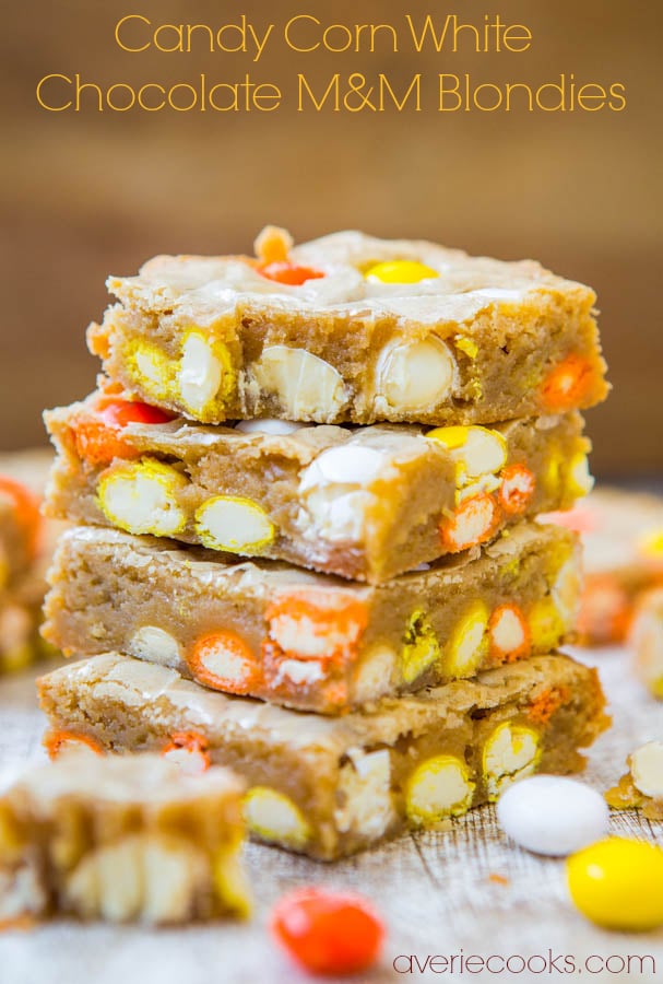 Candy Corn White Chocolate M&M Blondies - Fast, Easy, One-Bowl, No-Mixer Recipe at averiecooks.com