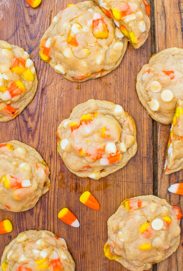 candy corn cookies on wooden surface 