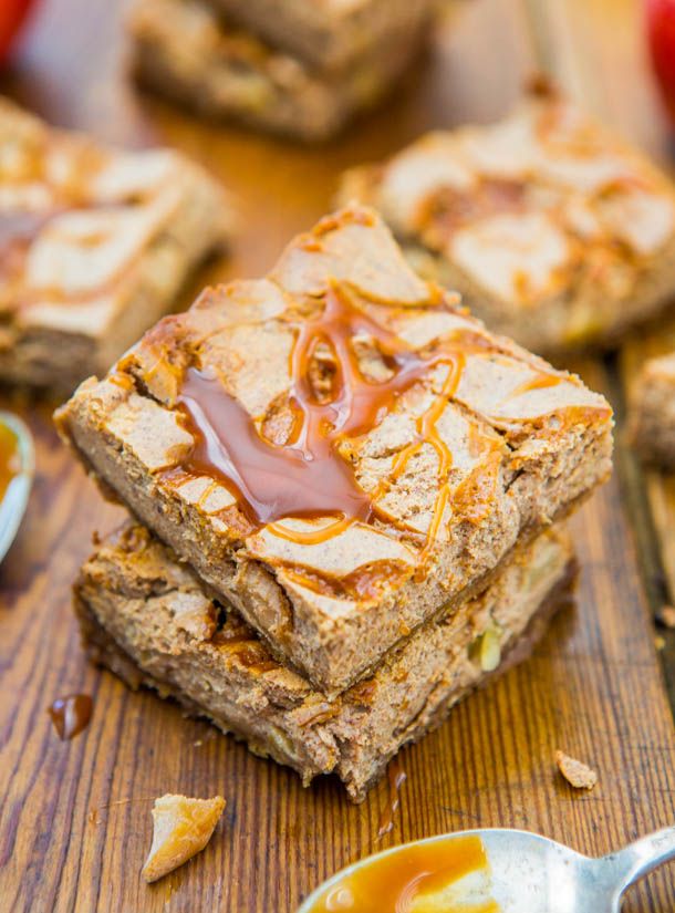 Salted Caramel Apple Cheesecake Bars — These bars are full of the flavors of fall! The soft yet dense apple cheesecake layer tops a crisp, brown sugar-graham cracker crust, while gooey, salted caramel drenches the top. Yum!! 