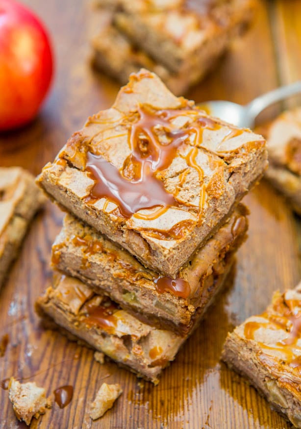 Salted Caramel Apple Cheesecake Bars — These bars are full of the flavors of fall! The soft yet dense apple cheesecake layer tops a crisp, brown sugar-graham cracker crust, while gooey, salted caramel drenches the top. Yum!! 