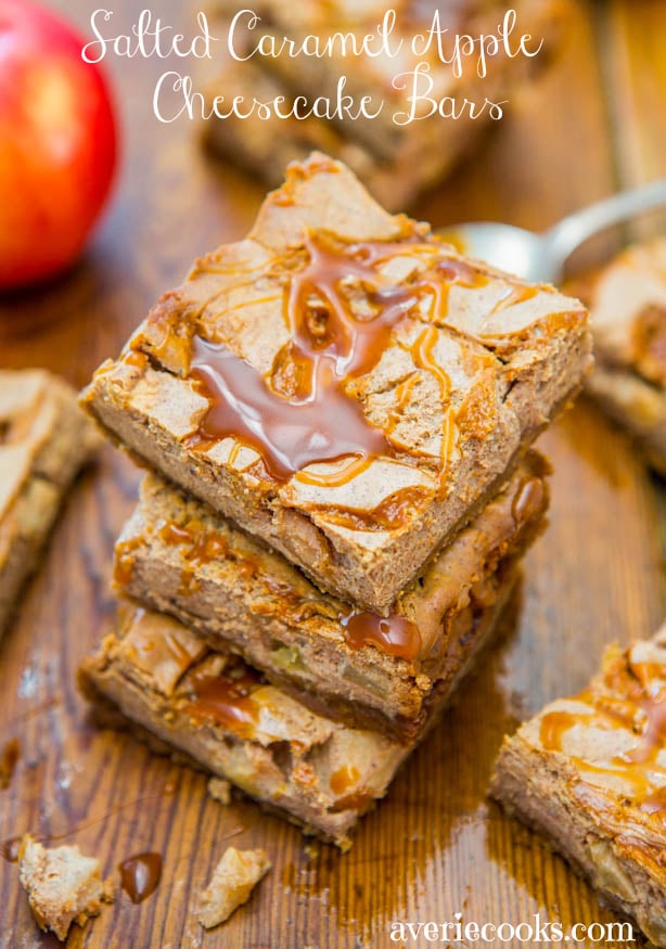Salted Caramel Apple Cheesecake Bars - Easy, One-Bowl Recipe at averiecooks.com