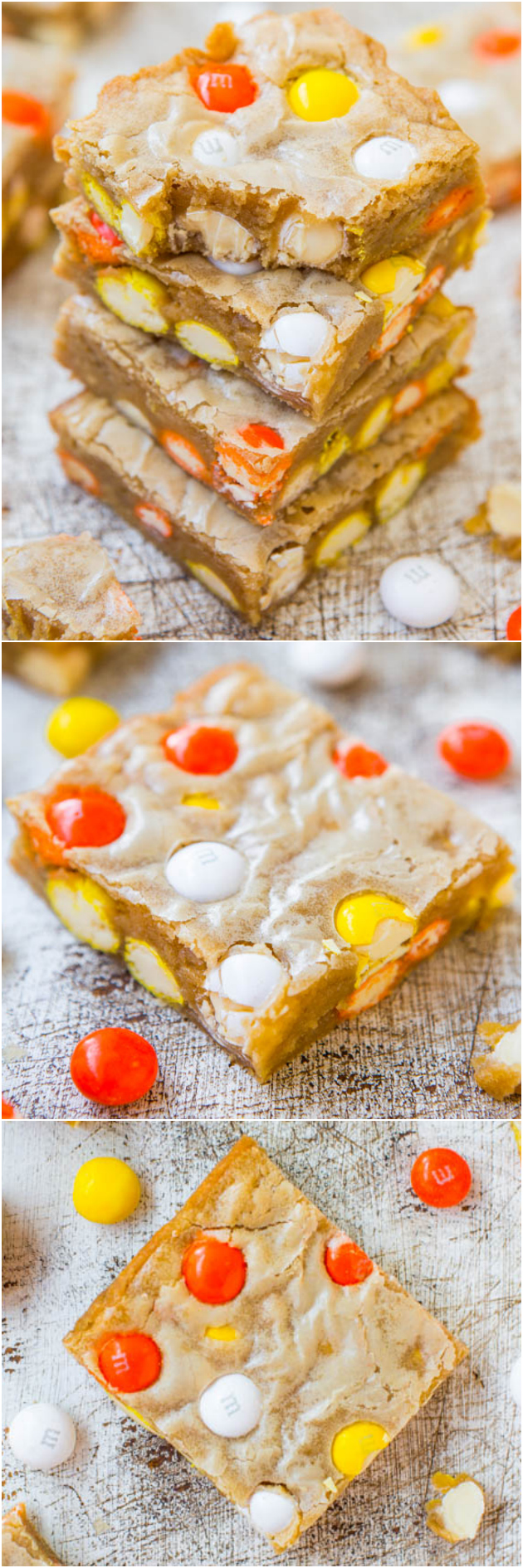 Candy Corn White Chocolate M&M's Blondies — Seasonal white chocolate M&M's are studded through these M&M's blondies. The perfect Halloween dessert for adults AND kids!