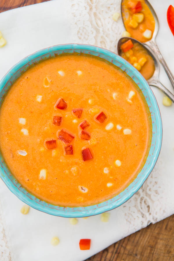 Creamy Vegan Corn & Red Pepper Blender Soup (gluten-free, soy-free, no added salt) - Ready in 5 Minutes and Packed with Flavor