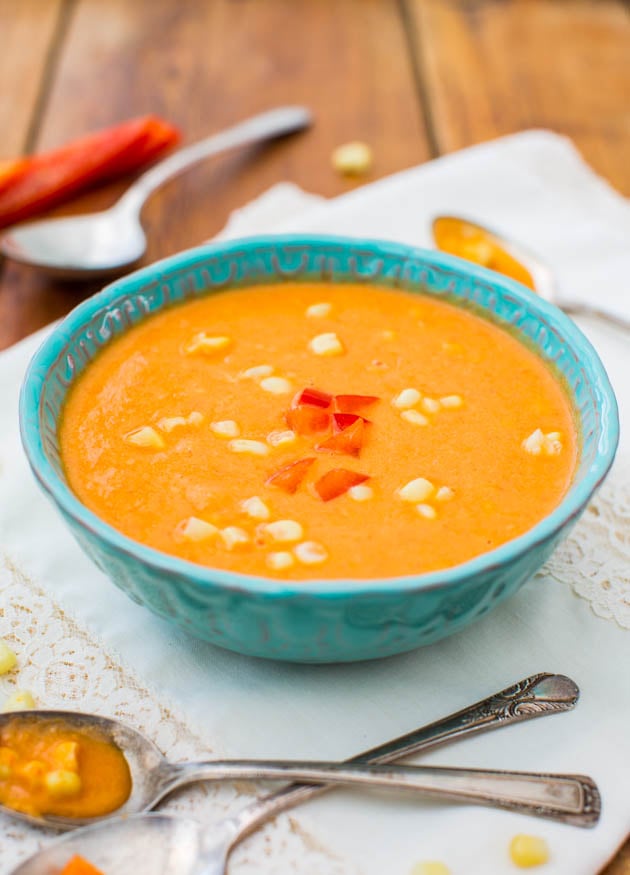Creamy Vegan Corn & Red Pepper Blender Soup (gluten-free, soy-free, no added salt) - Ready in 5 Minutes and Packed with Flavor