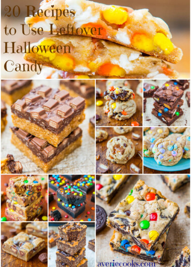 A collage of various desserts made with leftover halloween candy.
