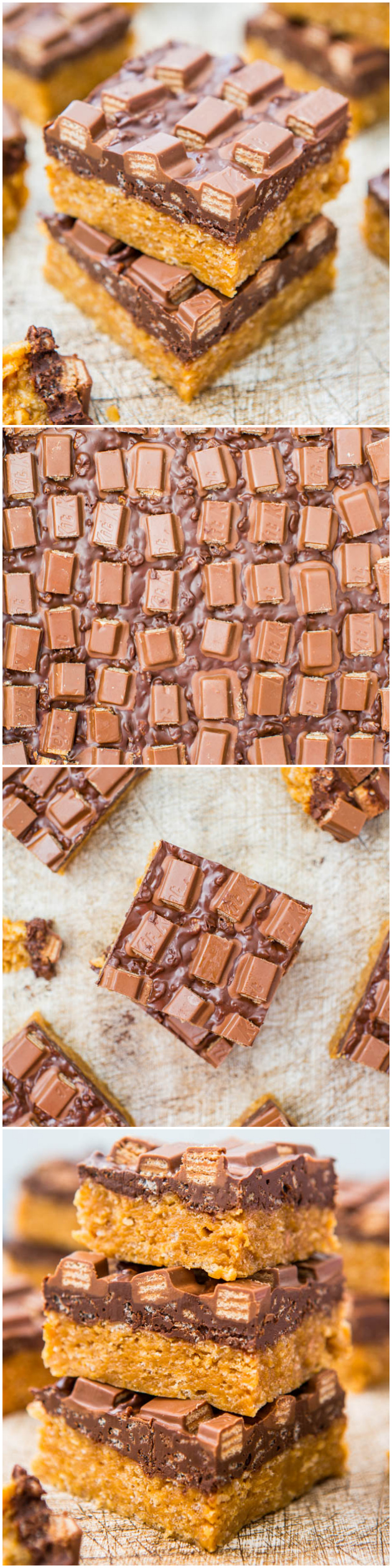 Chocolate Peanut Butter Kit Kat Crunch Bars - Easy, no-bake bars that are packed with peanut butter, chocolate & topped off with a wall of KitKats! At averiecooks.com