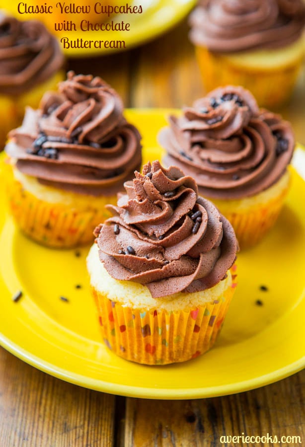 Classic Yellow Cupcakes with Chocolate Buttercream Frosting from scratch are as easy as using a mix! Easy recipe at averiecooks.com