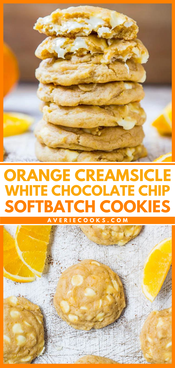 Orange Creamsicle Cookies — These cookies are so soft, buttery, tender, and just melt in your mouth! The dough is lightly perfumed with orange zest and there’s loads of white chocolate in every bite. They remind me of an Orange Creamsicle, but in cookie form! 