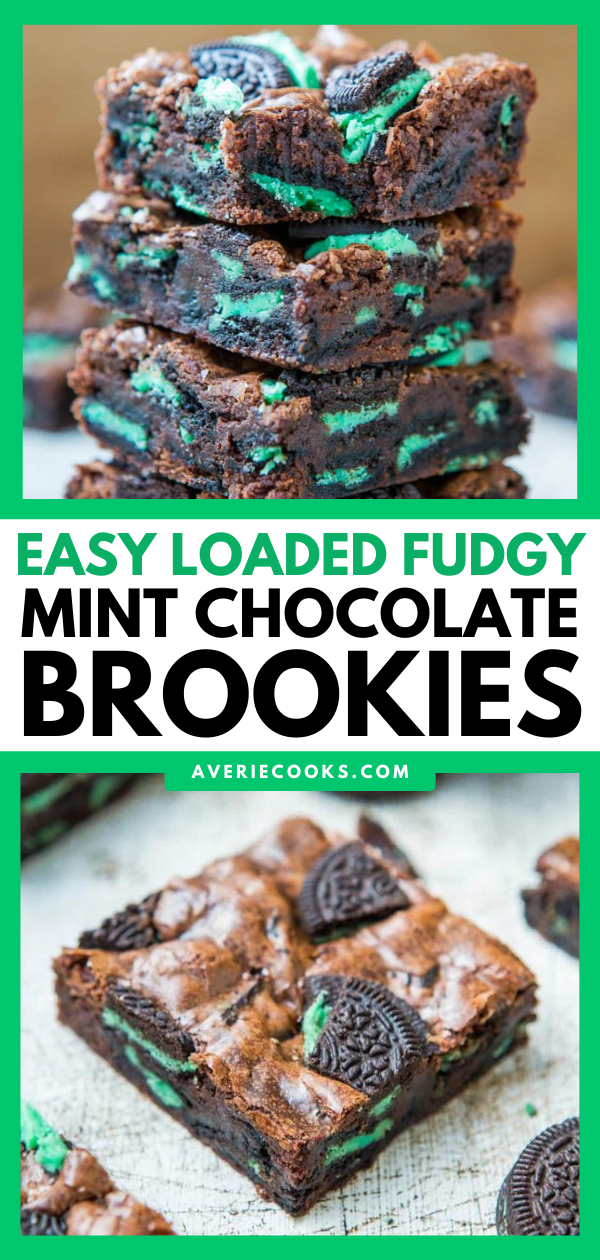 Loaded Mint Chocolate Brownies — Easy, no-mixer mint chocolate brownies that are packed with mint Oreos! Mint + chocolate is a winning combo every time! 