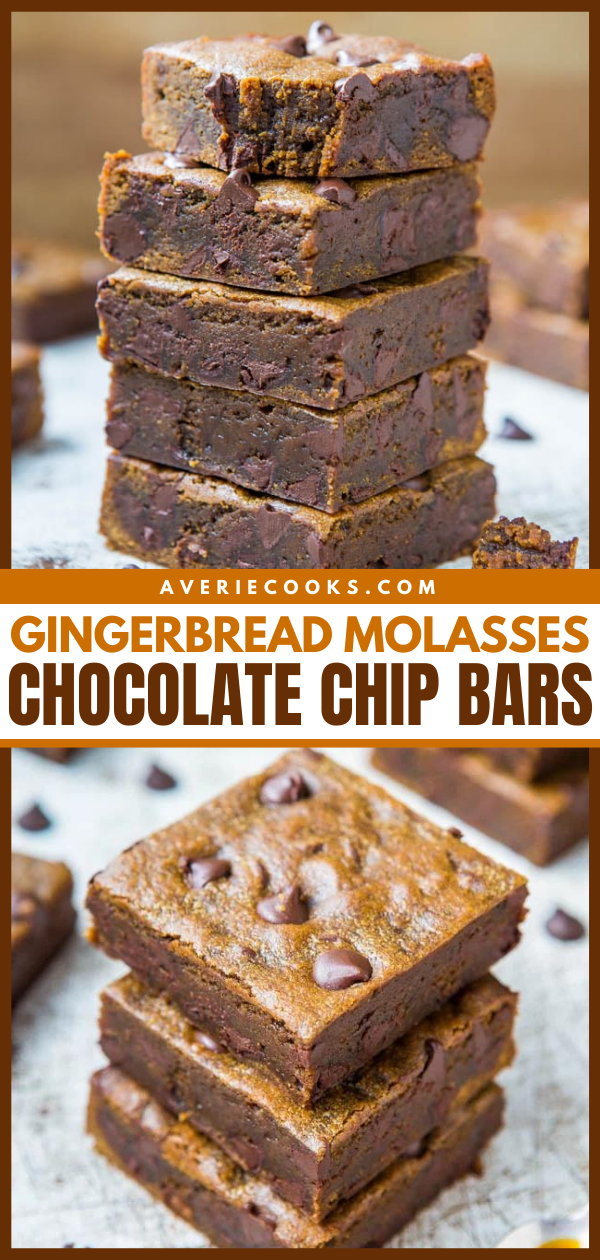 Soft and Chewy Gingerbread Molasses Chocolate Chip Bars - Dense, rich and like eating a piece of molasses fudge. Easy no-mixer recipe at averiecooks.com