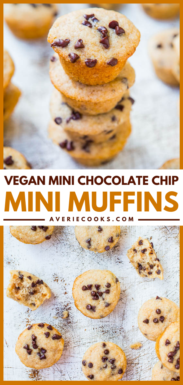 Vegan Mini-Chocolate Chip Mini-Muffins - Fast & Easy No-Mixer Recipe for Healthy Muffins at averiecooks.com