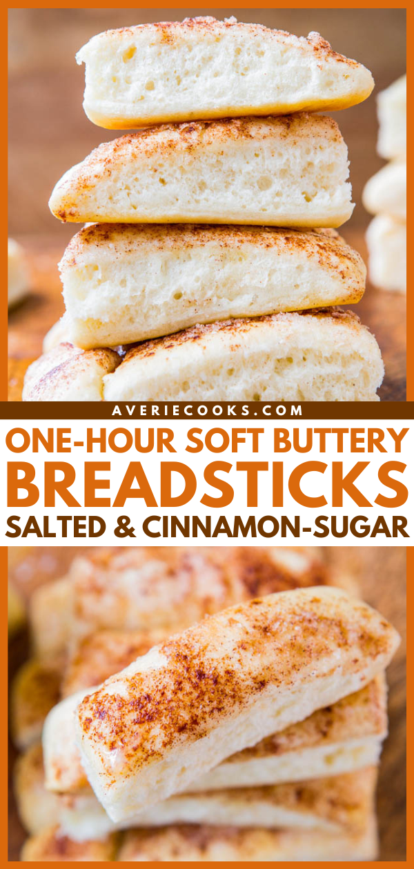 One-Hour Soft Buttery Breadsticks - Salted and Cinnamon-Sugar (vegan) - It's Easy! Recipe and Step-By-Step Photos at averiecooks.com