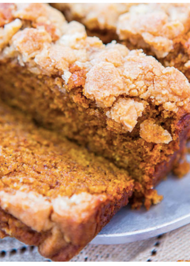 Slices of crumbly pumpkin bread on a plate.