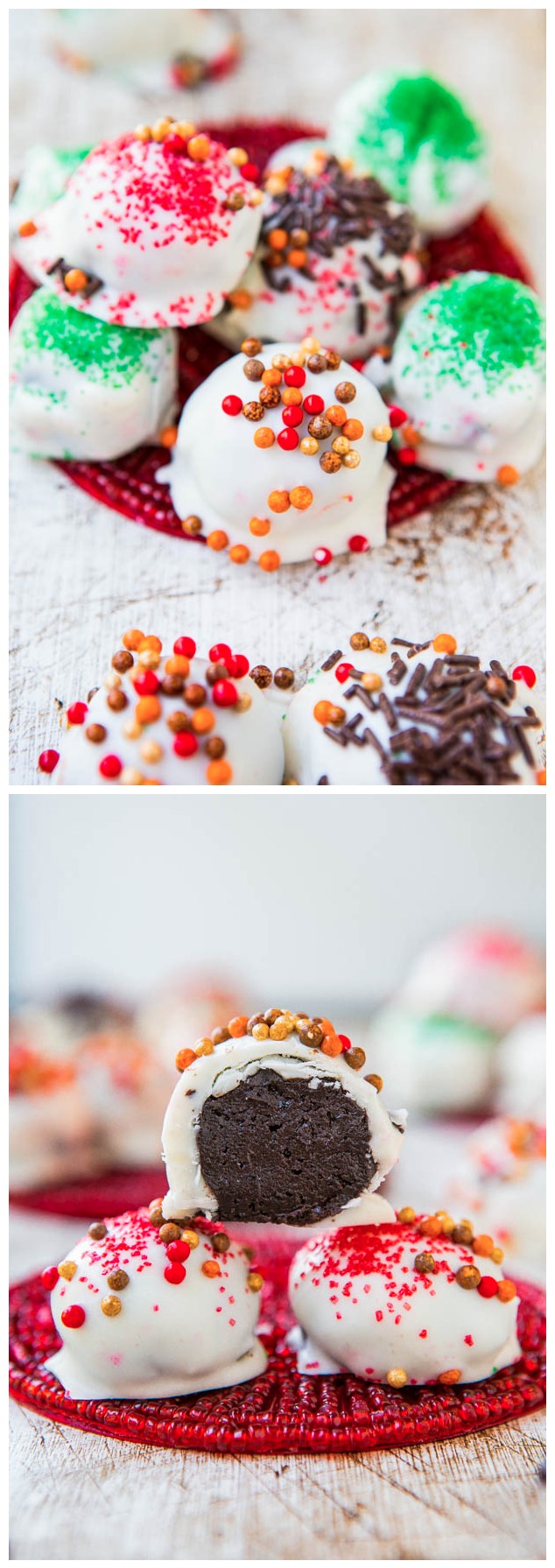 White Chocolate-Dipped Oreo Cookie Balls - Only 4 ingredients (and one of them is sprinkles) in these easy treats that everyone loves! Perfect for holiday parties!!