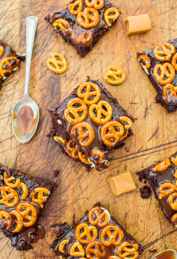Salted Caramel Pretzel-Topped Fudgy Brownies - Super fudgy scratch brownies as easy as a mix. Easy, no-mixer recipe at averiecooks.com