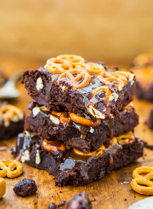 Salted Caramel Pretzel-Topped Fudgy Brownies - Super fudgy scratch brownies as easy as a mix. Easy, no-mixer recipe at averiecooks.com