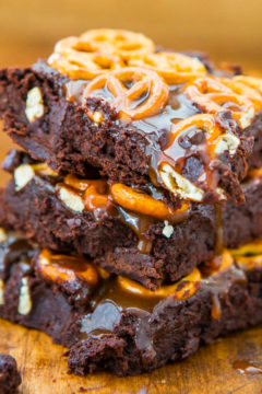 Salted Caramel Pretzel-Topped Fudgy Brownies