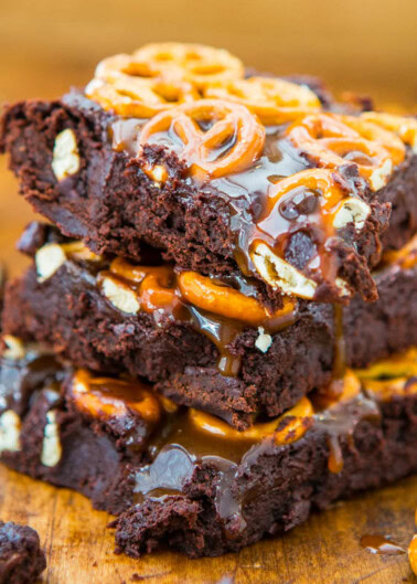Salted Caramel Pretzel-Topped Fudgy Brownies
