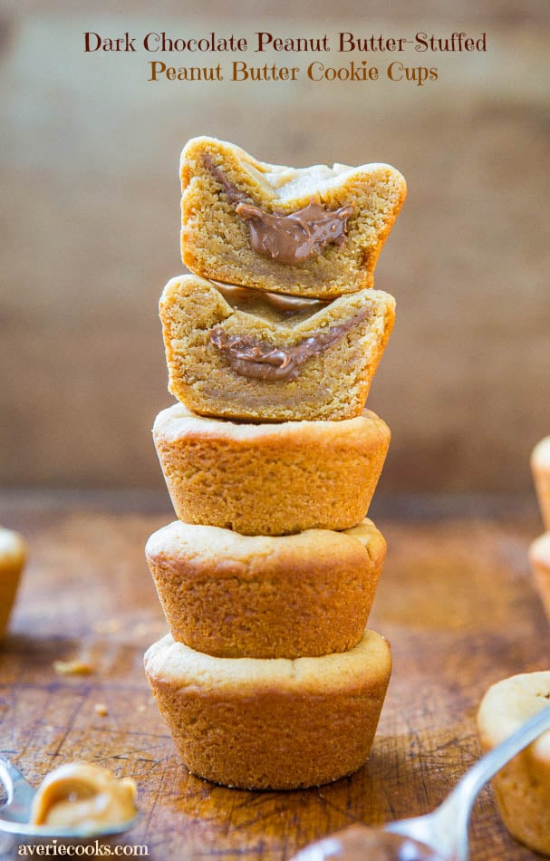 Dark Chocolate Peanut Butter-Stuffed Peanut Butter Cookie Cups - Two kinds of PB in one thick, soft & chewy cookie! Easy recipe at averiecooks.com